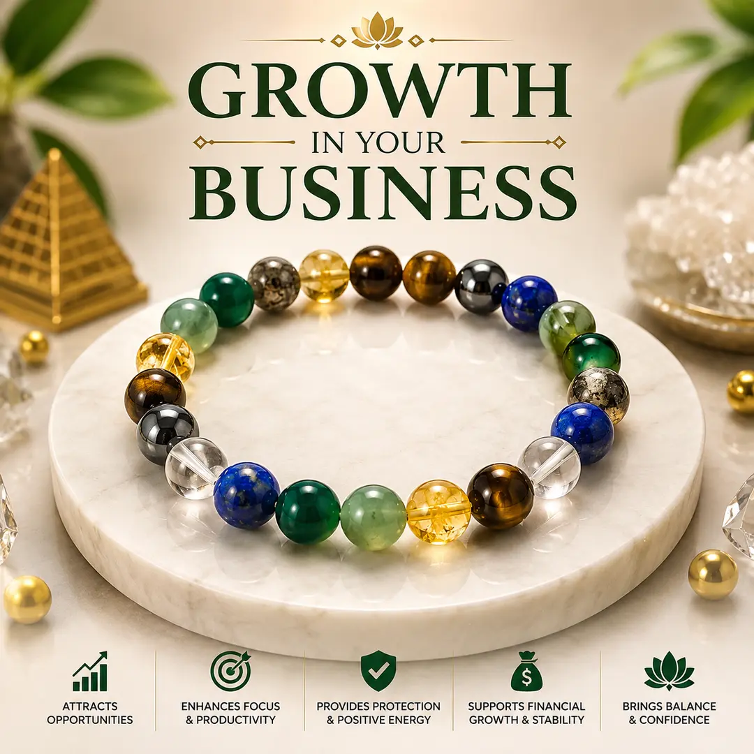 Growth in Your Business Crystal Bracelet made with Green Aventurine, Citrine, Tiger Eye, Pyrite, Clear Quartz, Lapis Lazuli, Hematite and Green Jade natural 8MM crystal beads with 24 beads.