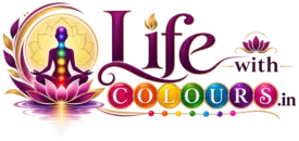 Life With Colours logo featuring meditation, seven chakras, lotus and colourful spiritual wellness elements