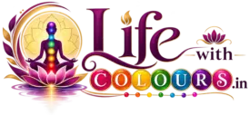 Life With Colours logo featuring meditation, seven chakras, lotus and colourful spiritual wellness elements