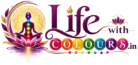 Life With Colours – Spiritual Healing & Wellness. Life With Colours logo featuring meditation, seven chakras, lotus and colourful spiritual wellness elements